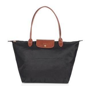 Longchamp Le Pliage Nylon Shoulder Tote Black Brown and Gold